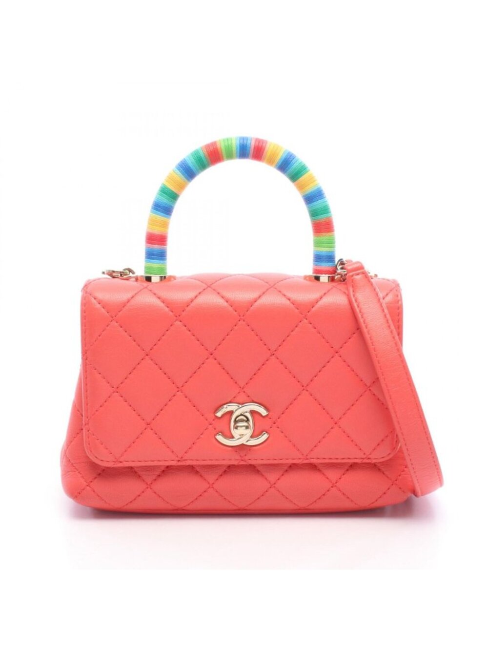 Chanel Handbag Coco Handle XXS Top 2-Way Pink Multi Leather Quilted Chain